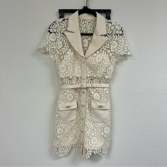 Self-Portrait Lace Belted Mini Dress in Cream (S/US 4) - Picture 15 of 16